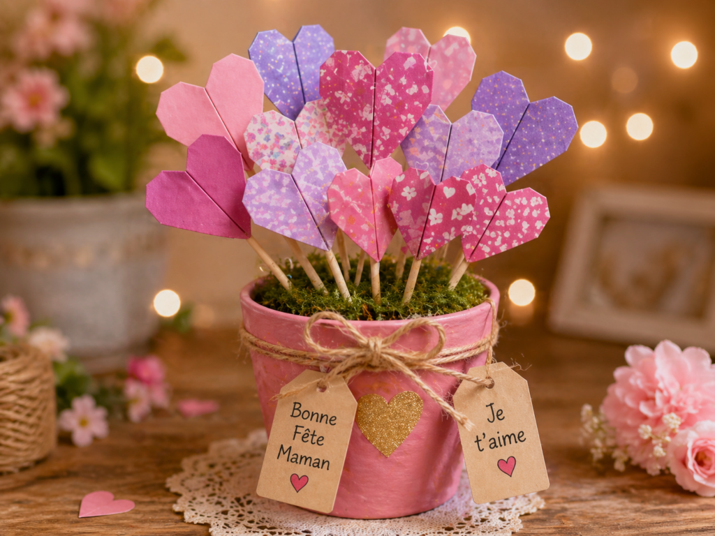 activité manuelle bouquet de cœurs en origami fête des mères
