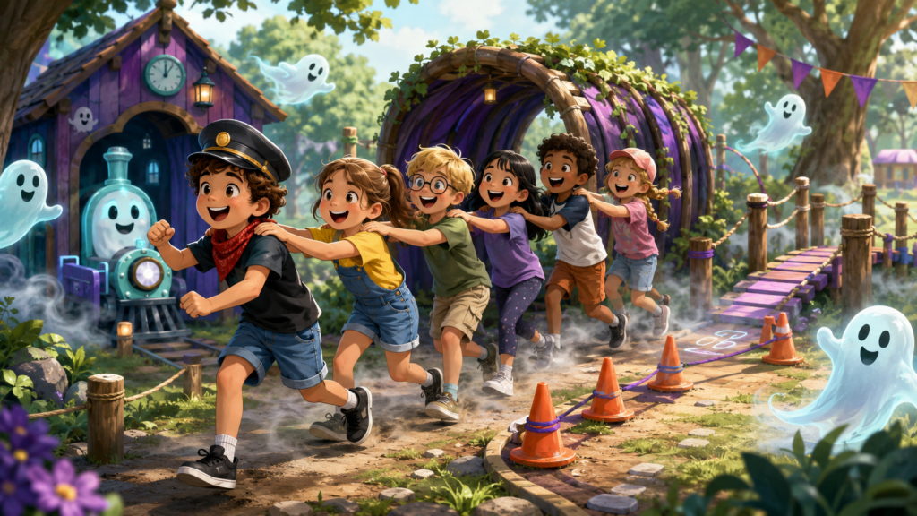 Le Train Fantôme des Aventuriers : grand jeu coopératif pour enfants