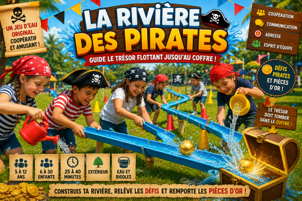La Rivière des Pirates, jeu d'eau original avec trésor flottant pour enfants en centre de loisirs