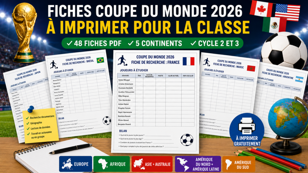Fiches Coupe du monde 2026 à imprimer : recherche sur les joueurs pour la classe